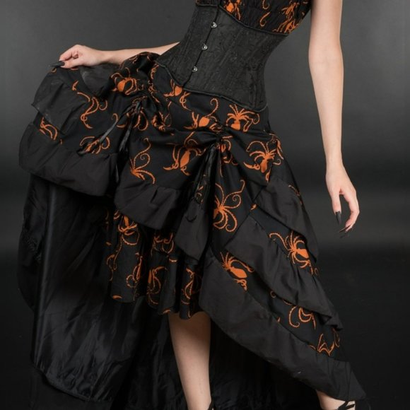 New Womens Victorian Gothic Steampunk Bustle Ruffle Skirt Brown Black Octopus - Picture 1 of 6